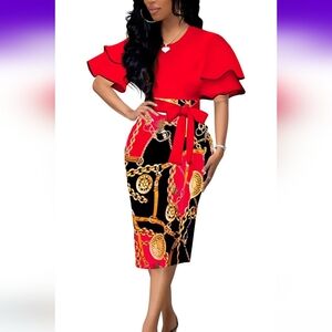 Elegant Red and Black Chain Print Dress